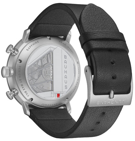 Junghans Max Bill Chronoscope Watch with white dial, leather strap, steel case