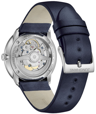 Junghans Meister Fein Automatic Signatur Watch with blue dial, leather strap, steel case
