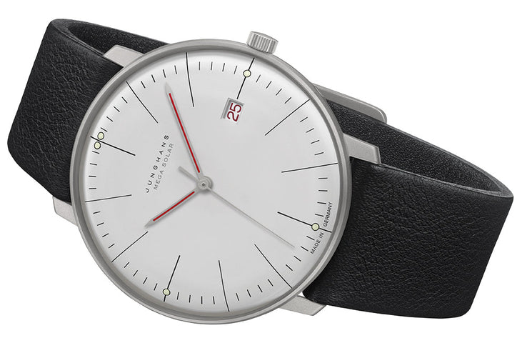 Junghans Max Bill Mega Solar Bauhaus Watch with silver dial, leather strap, titanium case