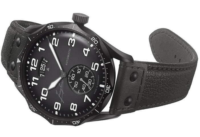 Junghans Meister Pilot Automatic Watch with grey dial, leather strap, black pvd case