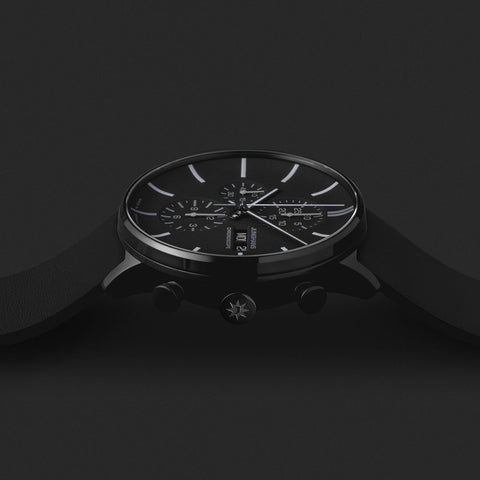 Junghans Form A Chronoscope Watch with black dial, leather strap, black pvd case