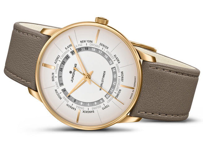 Junghans Meister Worldtimer Watch with silver dial, leather strap, rose gold pvd case