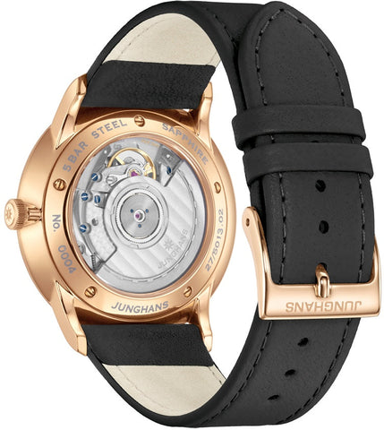 Junghans Meister Worldtimer Watch with silver dial, leather strap, rose gold pvd case