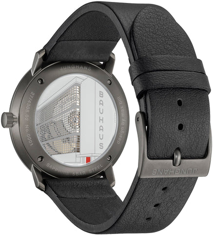 Junghans Max Bill Automatic Bauhaus Watch with black dial, leather strap, black pvd case