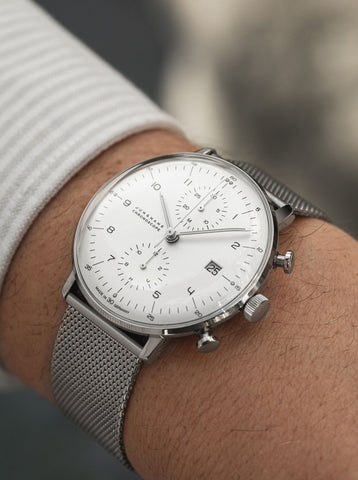 Junghans Max Bill Chronoscope Watch with silver dial, steel bracelet, steel case