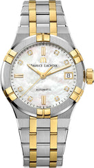 Maurice Lacroix watch with two-tone metal strap and diamond-studded face on a white background