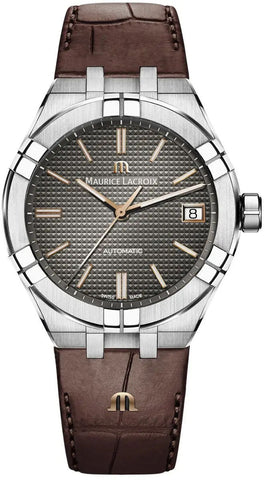 Maurice Lacroix watch with brown leather strap and silver case on white background