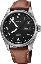 Oris Big Crown ProPilot Big Day Date Leather Watch with black dial, leather strap, steel case