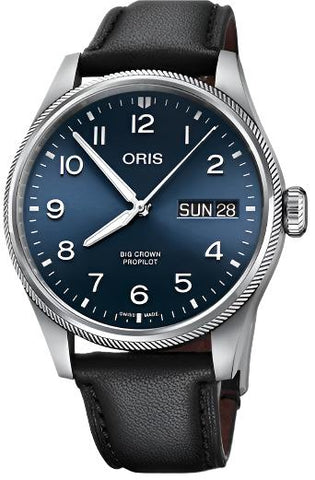 Oris Big Crown ProPilot Big Day Date Leather Watch with blue dial, leather strap, steel case