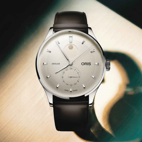Oris Artelier Complication 39.50mm Watch with white dial, leather strap, steel case