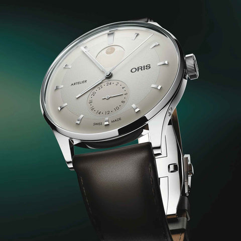 Oris Artelier Complication 39.50mm Watch with white dial, leather strap, steel case