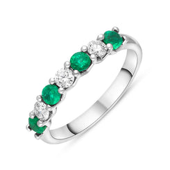 Platinum Emerald Diamond Seven Stone Claw Set Half Eternity Ring, FEU-2590.