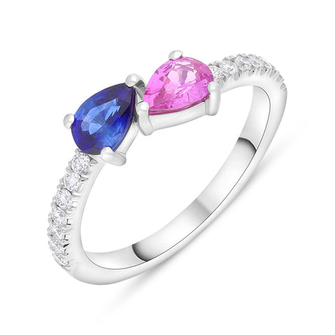 Platinum Pink and Blue Sapphire Diamond Shoulder Set Ring FEU-2744