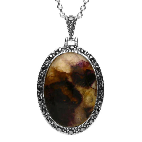 Sterling Silver Blue John Marcasite Oval Star Back Necklace. p2152.