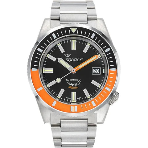 Squale watch with black face, orange bezel, and silver metal strap on a white background