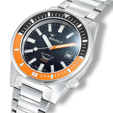 Squale watch with silver bracelet, black face, and orange bezel on a white background