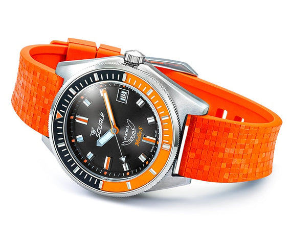 Wristwatch with orange strap and black dial on a white background