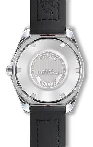 Watch with black leather strap and silver case on a white background