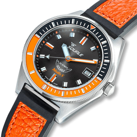 Watch with orange and black strap and detailed face on a white background