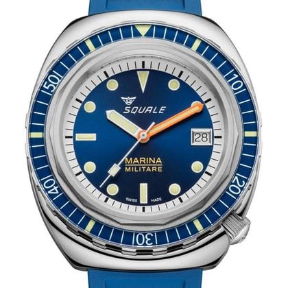 Squale Marina Militare watch with blue strap and blue dial on a white background
