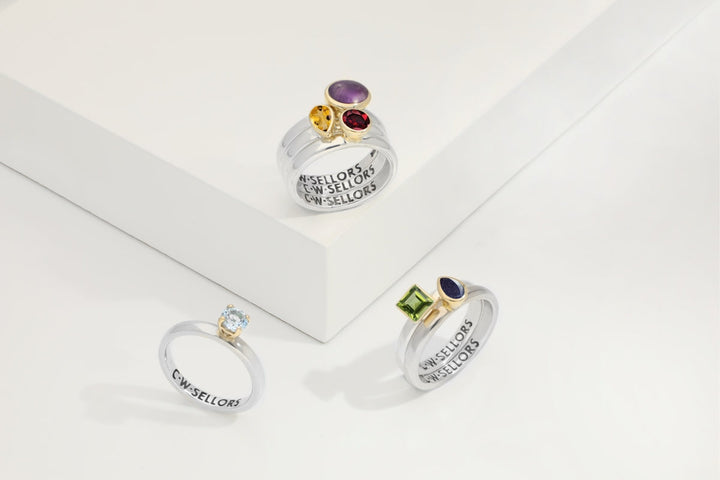 9ct Yellow Gold Sterling Silver Blue Topaz Stepping Stones 5mm Round Claw Set Ring