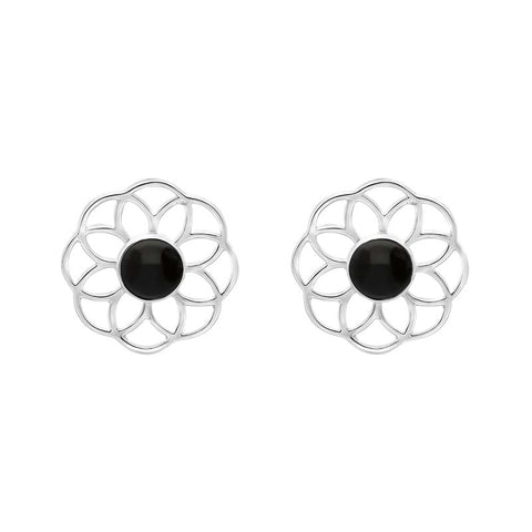 Sterling Silver Whitby Jet Flower Stud Earrings E2422