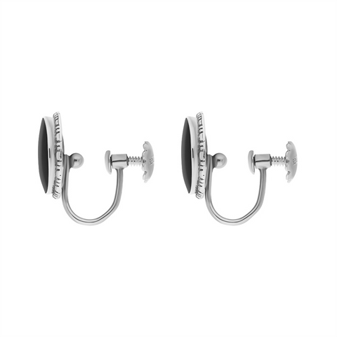 Sterling Silver Whitby Jet 11mm Round Beaded Edge Screw On Earrings D