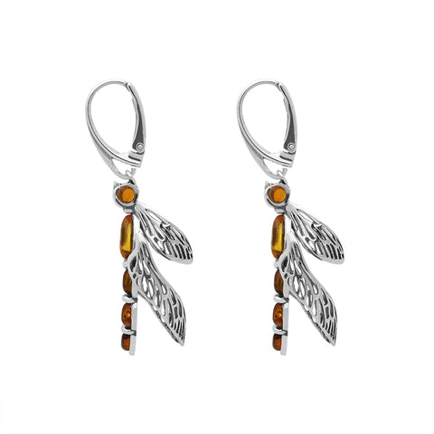 Sterling Silver Amber Dragonfly Drop Earrings