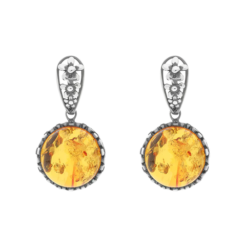 Sterling Silver Amber Round Flower Edge Drop Earrings E1557