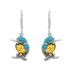 Sterling Silver Amber Turquoise Kingfisher Small Hook Drop Earrings E2525