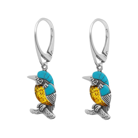 Sterling Silver Amber Turquoise Kingfisher Small Hook Drop Earrings