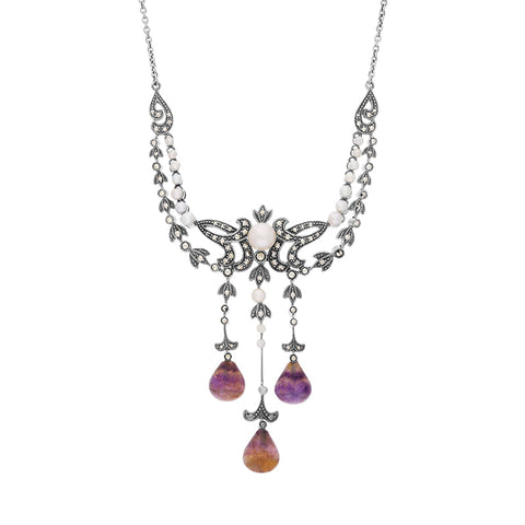 Sterling Silver Blue John Marcasite Pearl Triple Drop Necklace, N917.