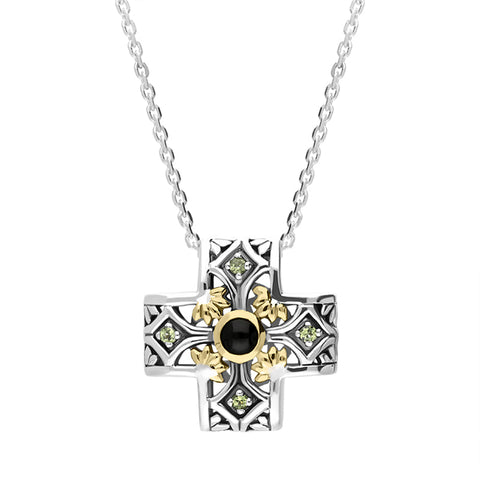Sterling Silver Whitby Jet Ornate Cross Necklace D 0454