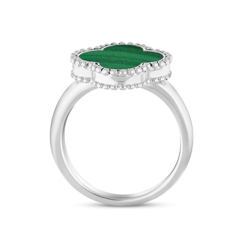 Sterling Silver Malachite Bloom Four Leaf Clover Ball Edge Ring