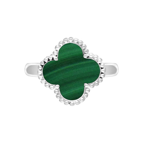 Sterling Silver Malachite Bloom Four Leaf Clover Ball Edge Ring
