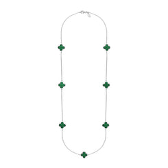 Sterling Silver Malachite Bloom Four Leaf Clover Long Necklace, N1129