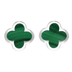 Sterling Silver Malachite Bloom Four Leaf Clover Stud Earrings, E2465