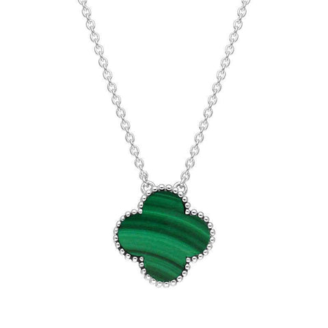 Sterling Silver Malachite Bloom Large Four Leaf Clover Ball Edge Chain Necklet, N1043