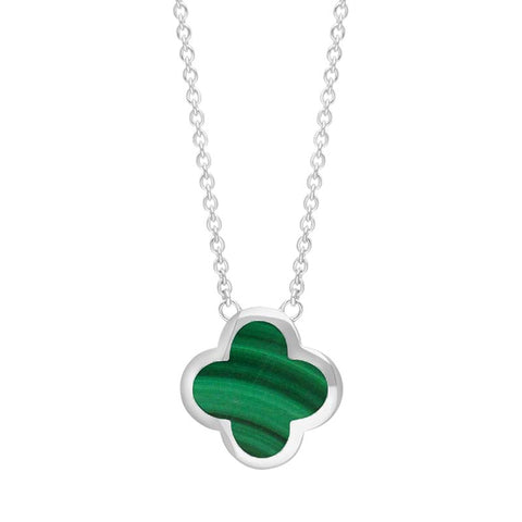 Sterling Silver Malachite Bloom Large Four Leaf Clover Polished Edge Pendant