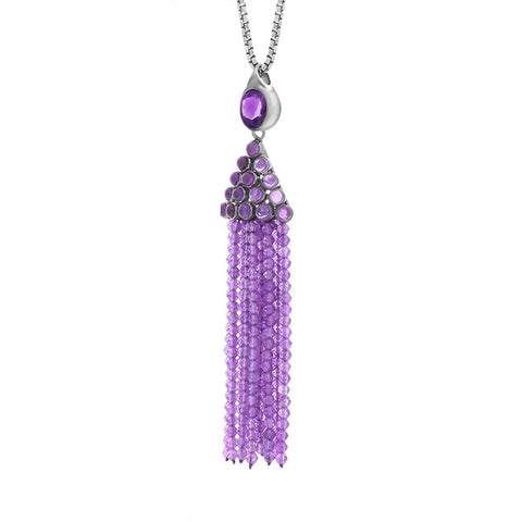Sterling Silver Rhodium Amethyst Large Cascade Tassel Necklace D