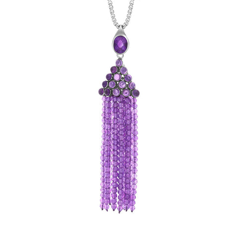 Sterling Silver Rhodium Amethyst Large Cascade Tassel Necklace D, PUNQ0005269.