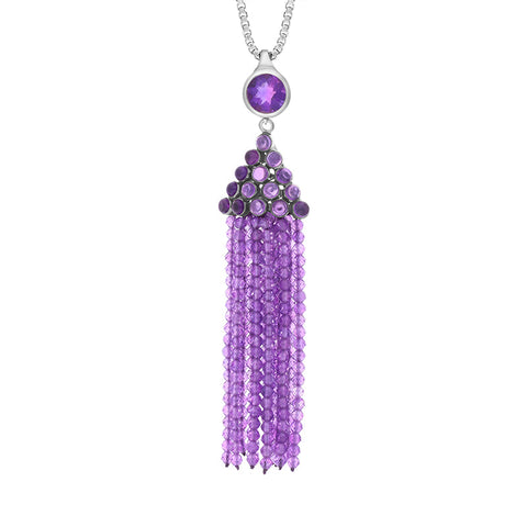 Sterling Silver Rhodium Amethyst Cascade Tassel Necklace D, PUNQ0005357.