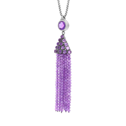 Sterling Silver Rhodium Amethyst Cascade Tassel Necklace D