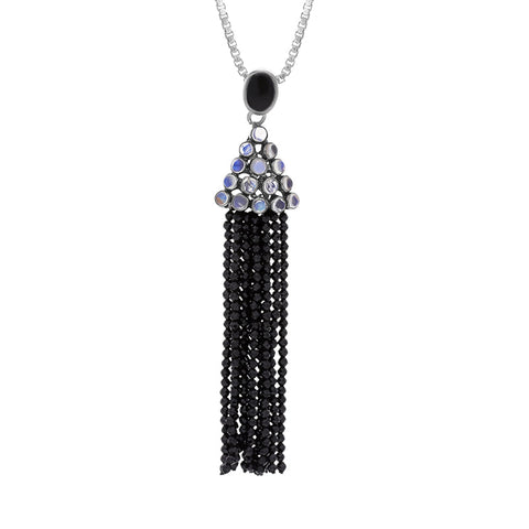Sterling Silver Rhodium Onyx Moonstone Cascade Large Tassel Necklace D, PUNQ0005267.