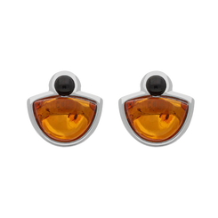 Sterling Silver Whitby Jet Amber Half Moon Round Stud Earrings