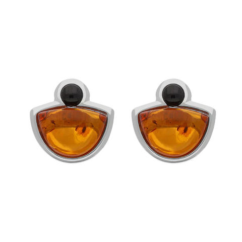 Sterling Silver Whitby Jet Amber Half Moon Round Stud Earrings