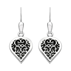 Sterling Silver Whitby Jet Flore Filigree Heart Drop Earrings. E2588.