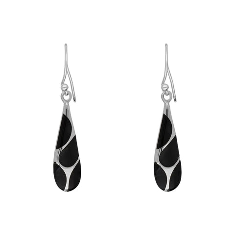 Sterling Silver Whitby Jet Four Stone Slim Tear Drop Earrings E594