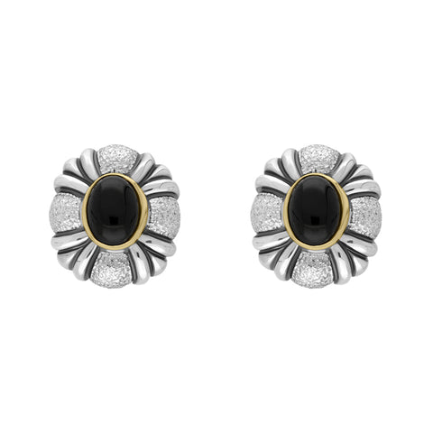 Sterling Silver Whitby Jet Round Banded Omega Clip Earrings D 0025