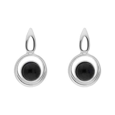 Sterling Silver Whitby Jet Round Swirl Drop Earrings E2564
